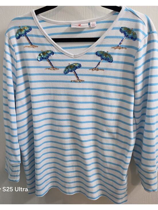 Quacker Factory Tops - Quacker Factory Blue Striped Shirt Palm Tree sequin beaded Beachy Coastal L